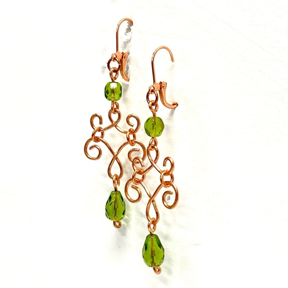 HANDCRAFTED Pure Copper Chandelier Earrings w/ Vintage Faceted Glass Bead Accent - Picture 4 of 10